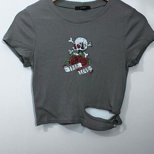 Forever 21 Gray Ribbed 'True Love' Skull & Rose Cropped Tee